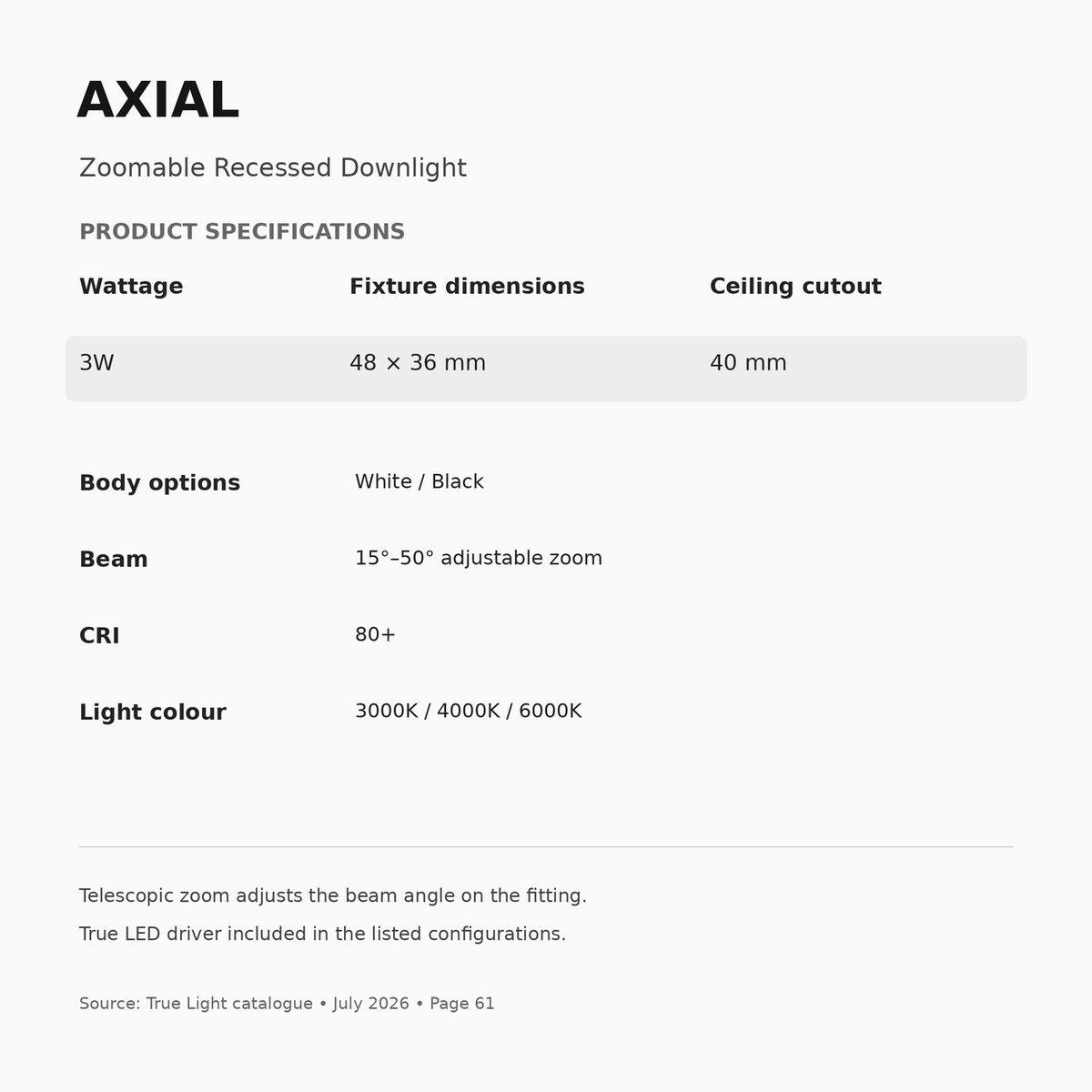 AXIAL Zoomable Recessed Downlight – 3W — dimensions, cutout, beam and finish specifications