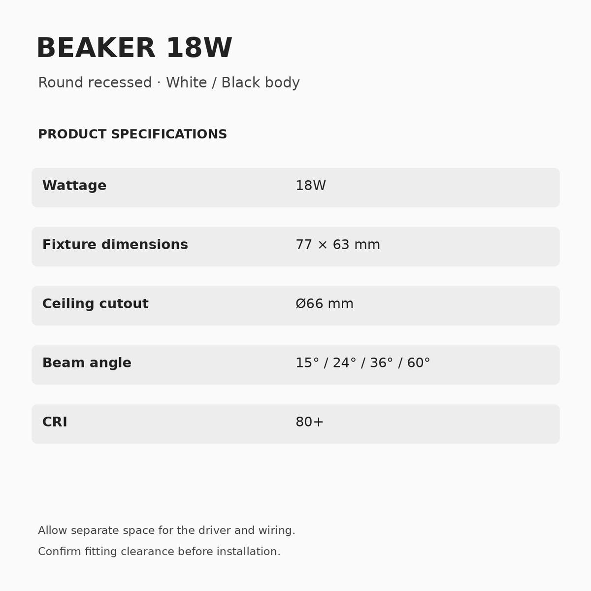 BEAKER 18W dimensions 77 × 63 mm, Ø66 mm ceiling cutout, 15°/24°/36°/60° beam and CRI 80+.