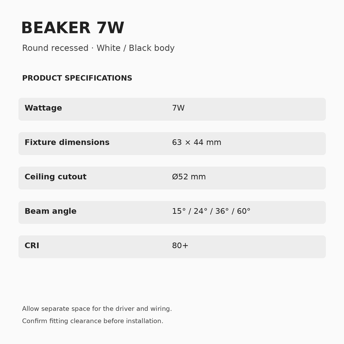 BEAKER 7W dimensions 63 × 44 mm, Ø52 mm ceiling cutout, 15°/24°/36°/60° beam and CRI 80+.