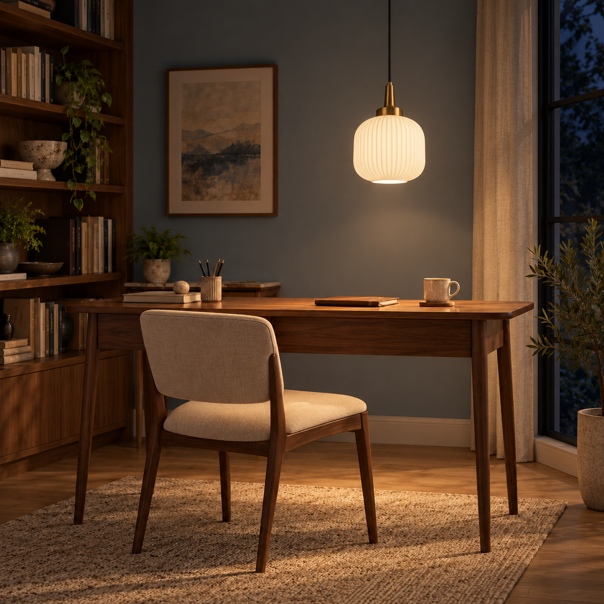 Belora Fluted Opal Glass Barrel Pendant – evening interior, light on