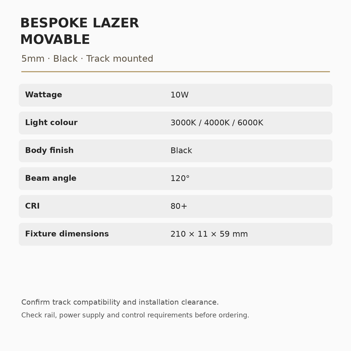 Bespoke Lazer Movable 5mm Black specifications: 10W 210 × 11 × 59 mm; 120° beam, CRI 80+, 3000K, 4000K or 6000K.