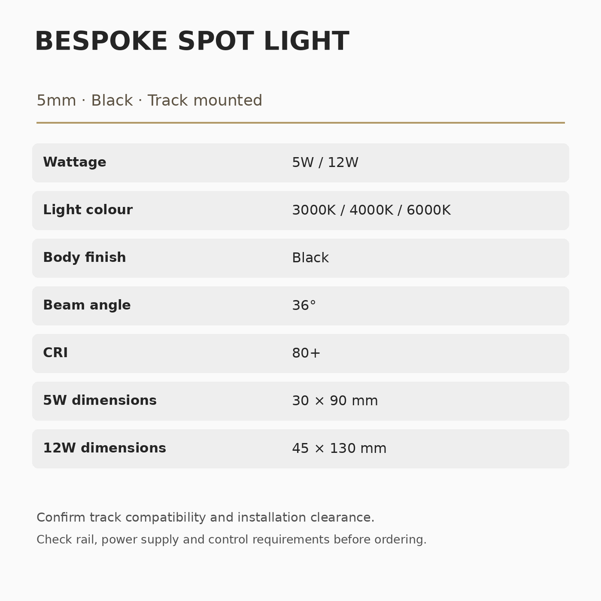 Bespoke Spot Light 5mm Black specifications: 5W 30 × 90 mm, 12W 45 × 130 mm; 36° beam, CRI 80+, 3000K, 4000K or 6000K.