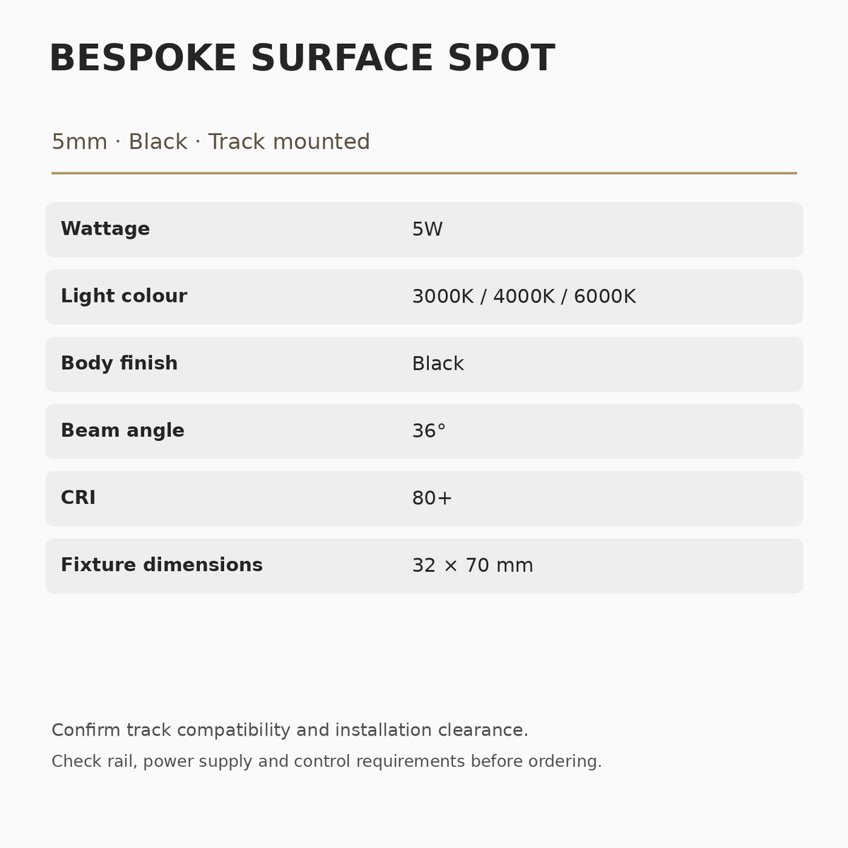 Bespoke Surface Spot 5mm Black specifications: 5W 32 × 70 mm; 36° beam, CRI 80+, 3000K, 4000K or 6000K.