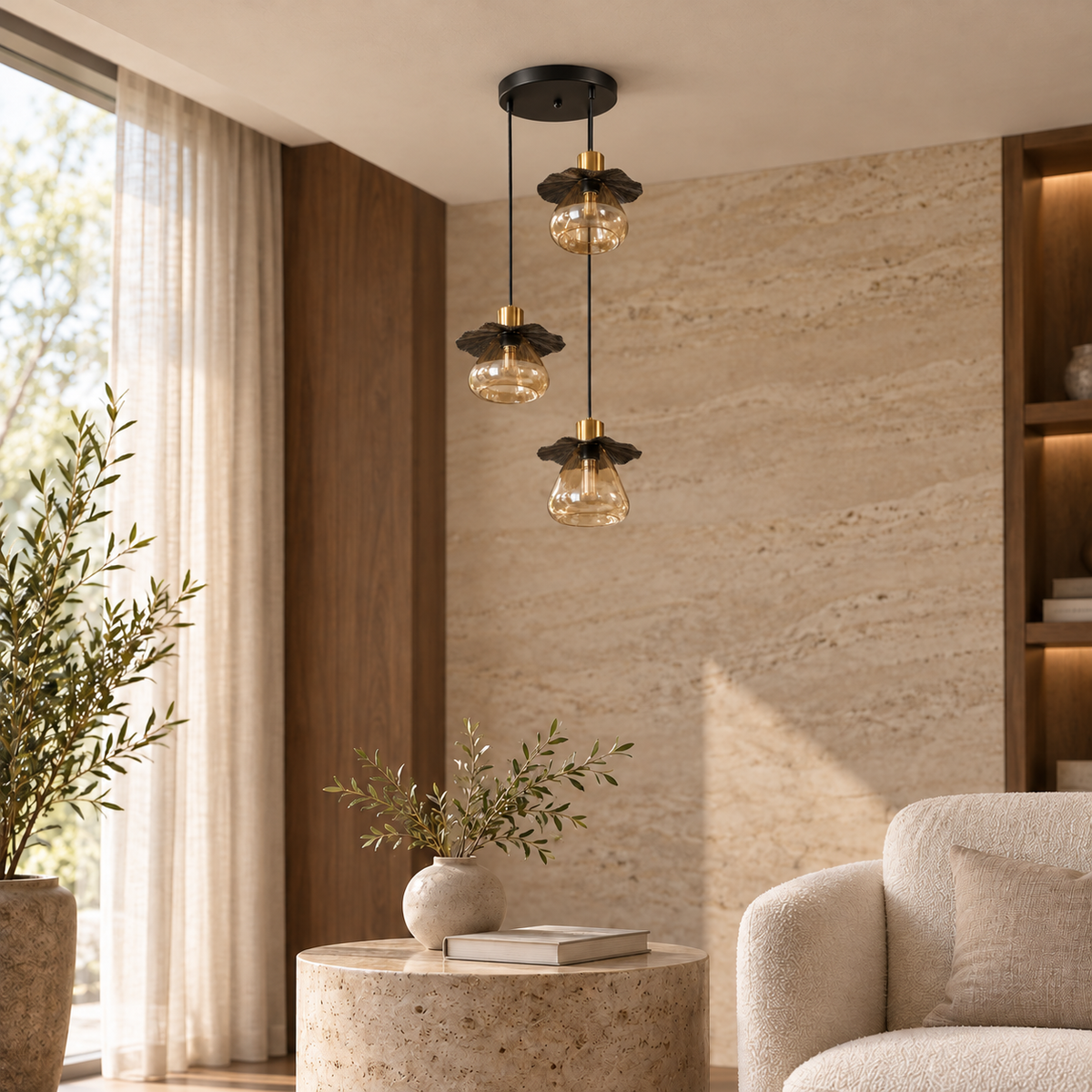 Black & Amber Glass Three-Drop Chandelier, unlit in a daytime interior