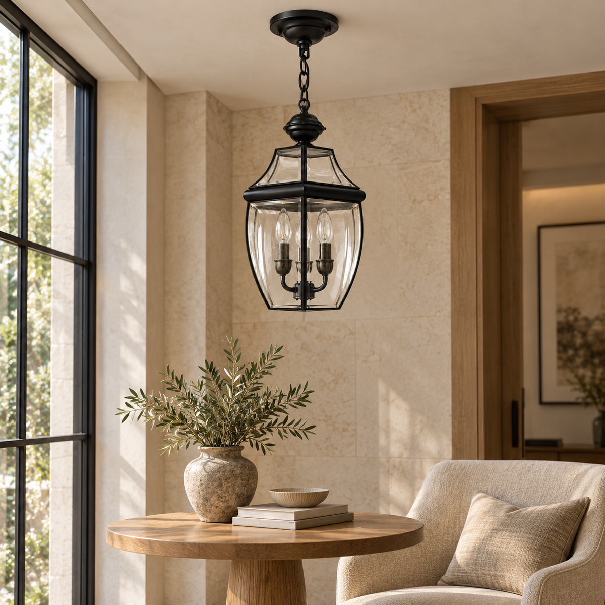 Black & Brass Three-Light Glass Lantern Pendant, unlit in a daytime interior