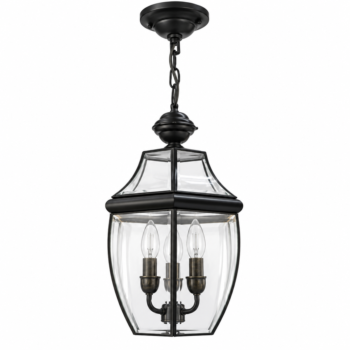 Black & Brass Three-Light Glass Lantern Pendant, unlit studio view