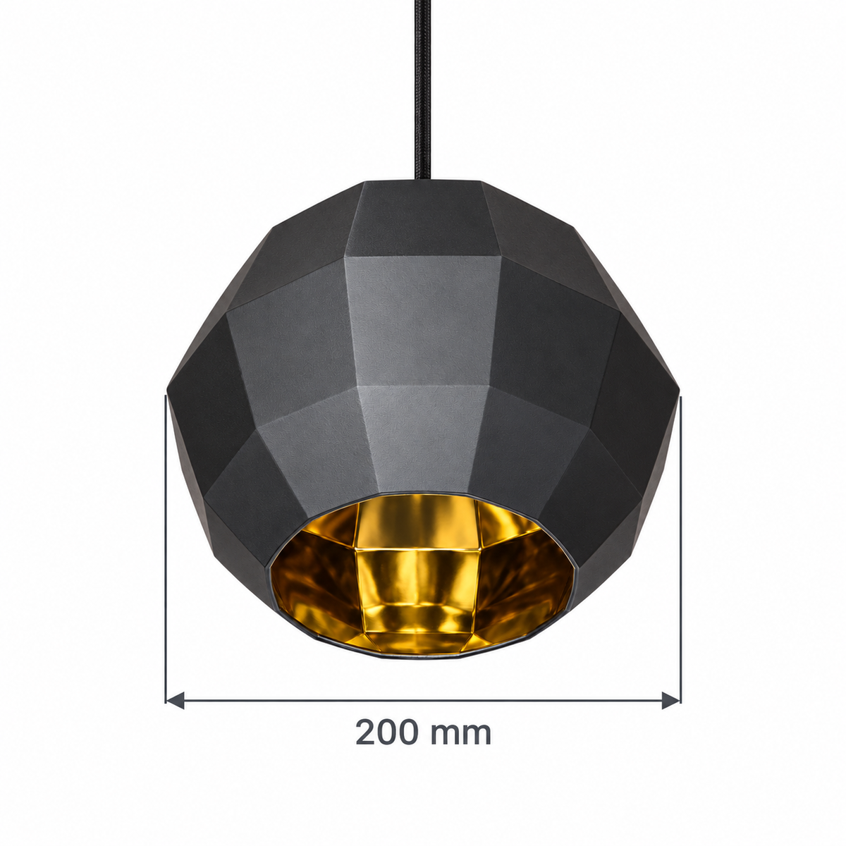 Black & Gold Faceted Pendant, dimension diagram; Widest shade body diameter only: 200 mm. Shade height and suspension drop are not specified.