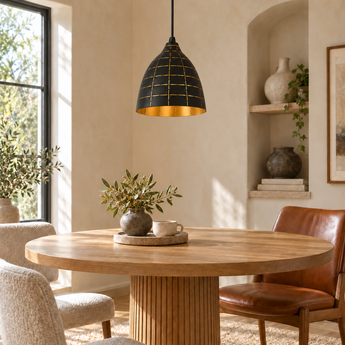 Black & Gold Grid-Cut Iron Pendant, unlit in a daytime interior