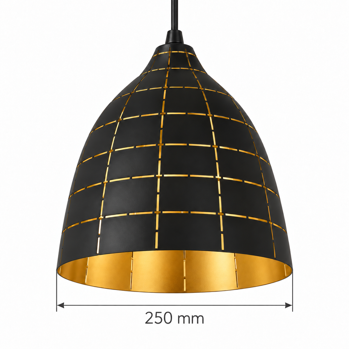 Black & Gold Grid-Cut Iron Pendant, dimension diagram; Shade diameter only: 250 mm. Shade height and suspension drop are not specified.