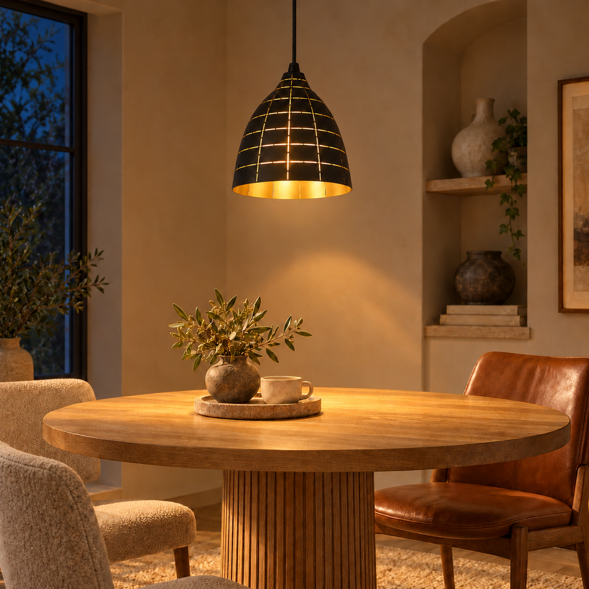Black & Gold Grid-Cut Iron Pendant, illuminated in a nighttime interior