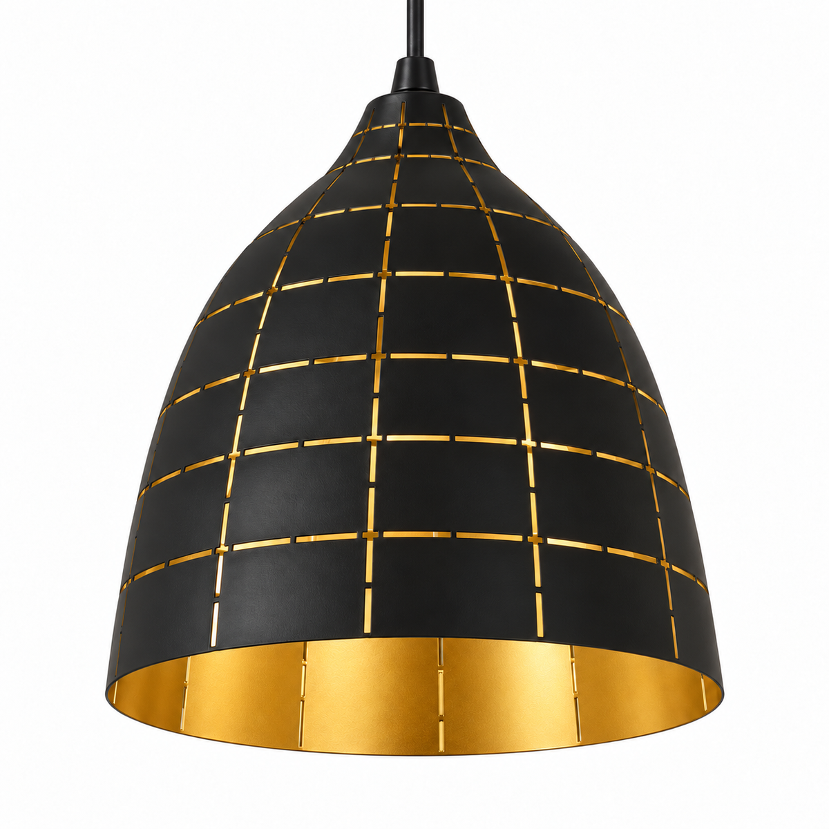 Black & Gold Grid-Cut Iron Pendant, unlit studio view