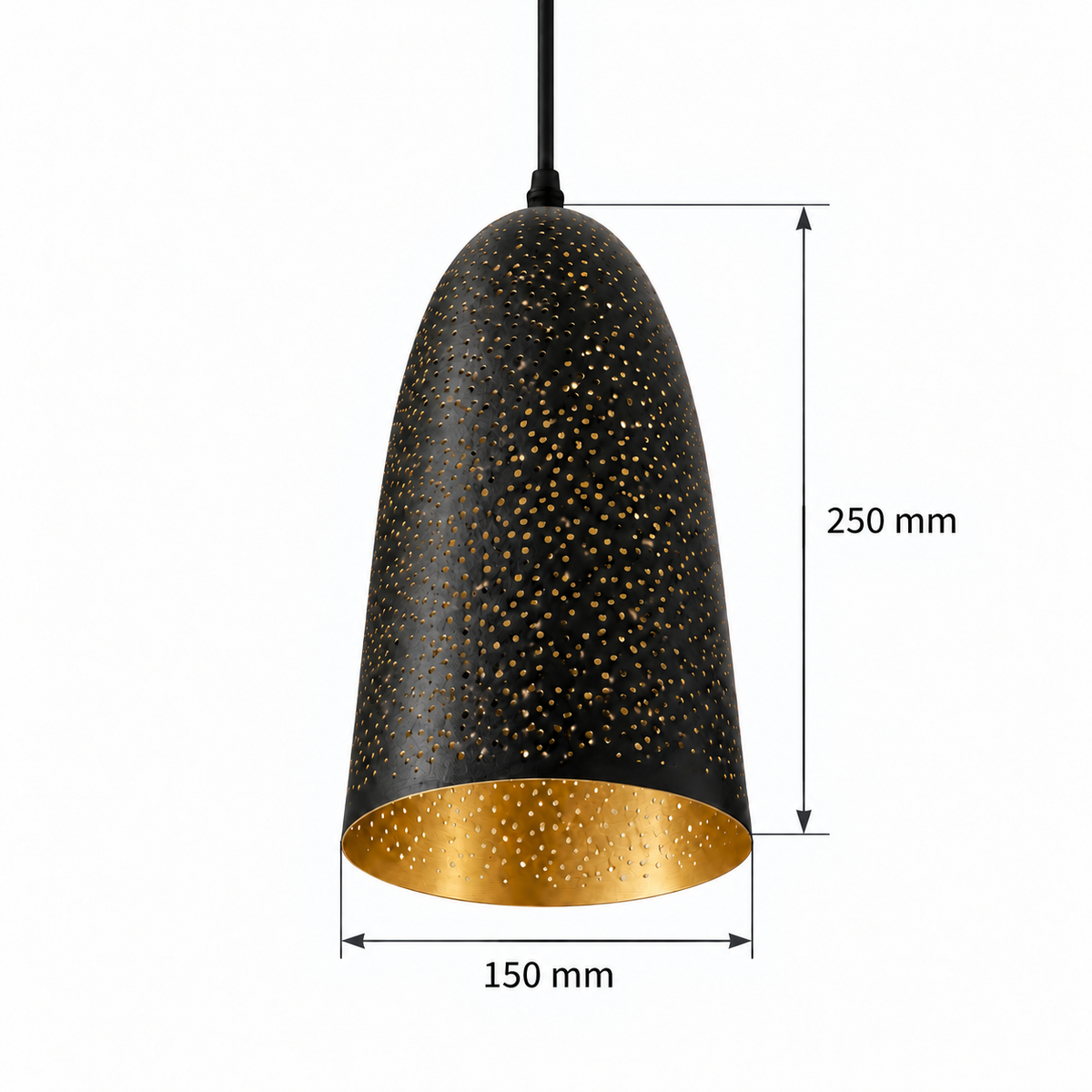 Black & Gold Perforated Bell Pendant, dimension diagram; Shade body only: diameter 150 mm and height 250 mm. Cable and connector are excluded.