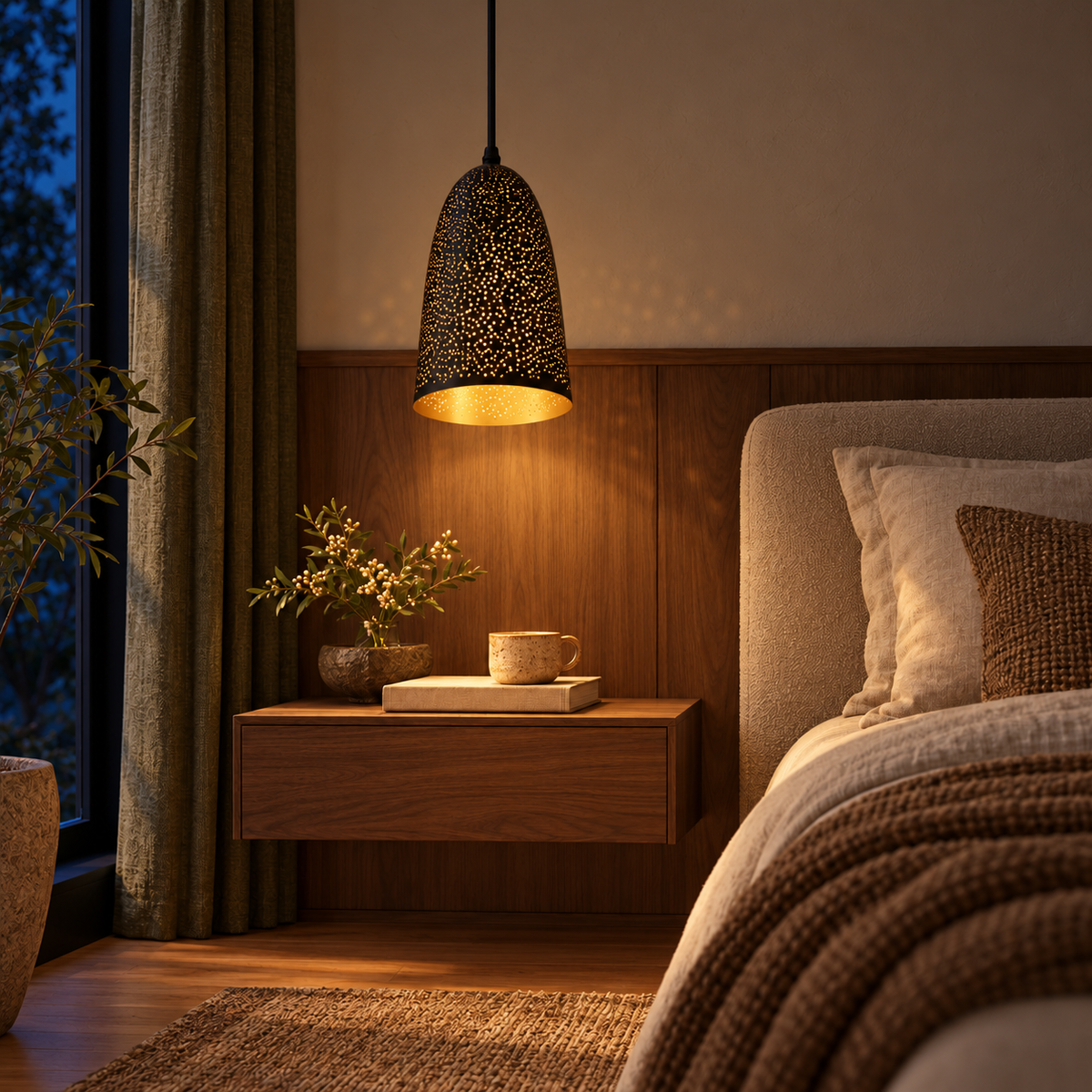 Black & Gold Perforated Bell Pendant, illuminated in a nighttime interior