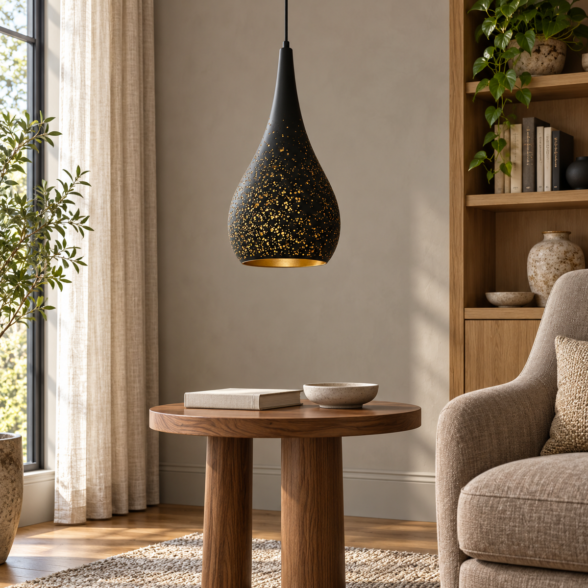 Black & Gold Perforated Iron Teardrop Pendant, unlit in a daytime interior