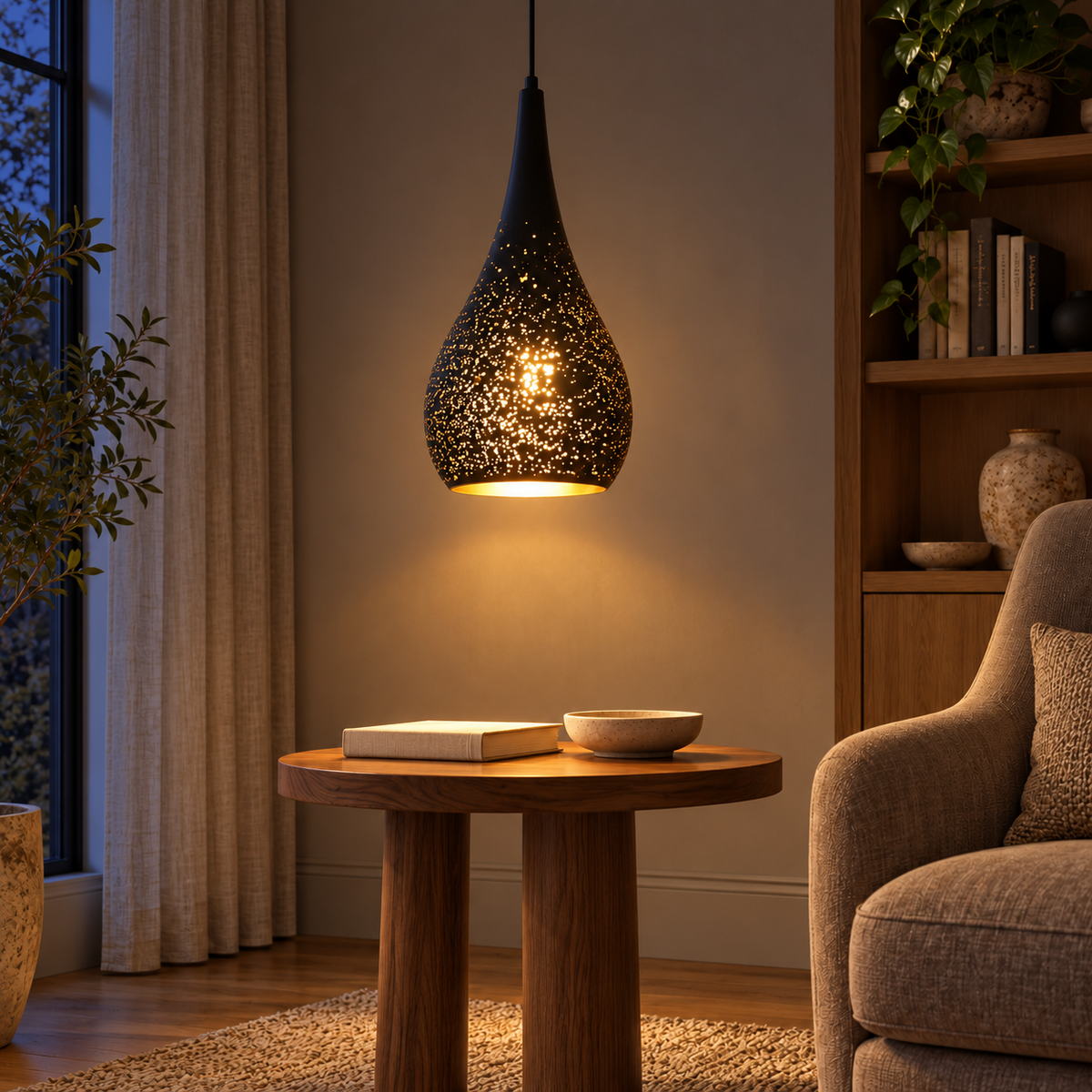 Black & Gold Perforated Iron Teardrop Pendant, illuminated in a nighttime interior