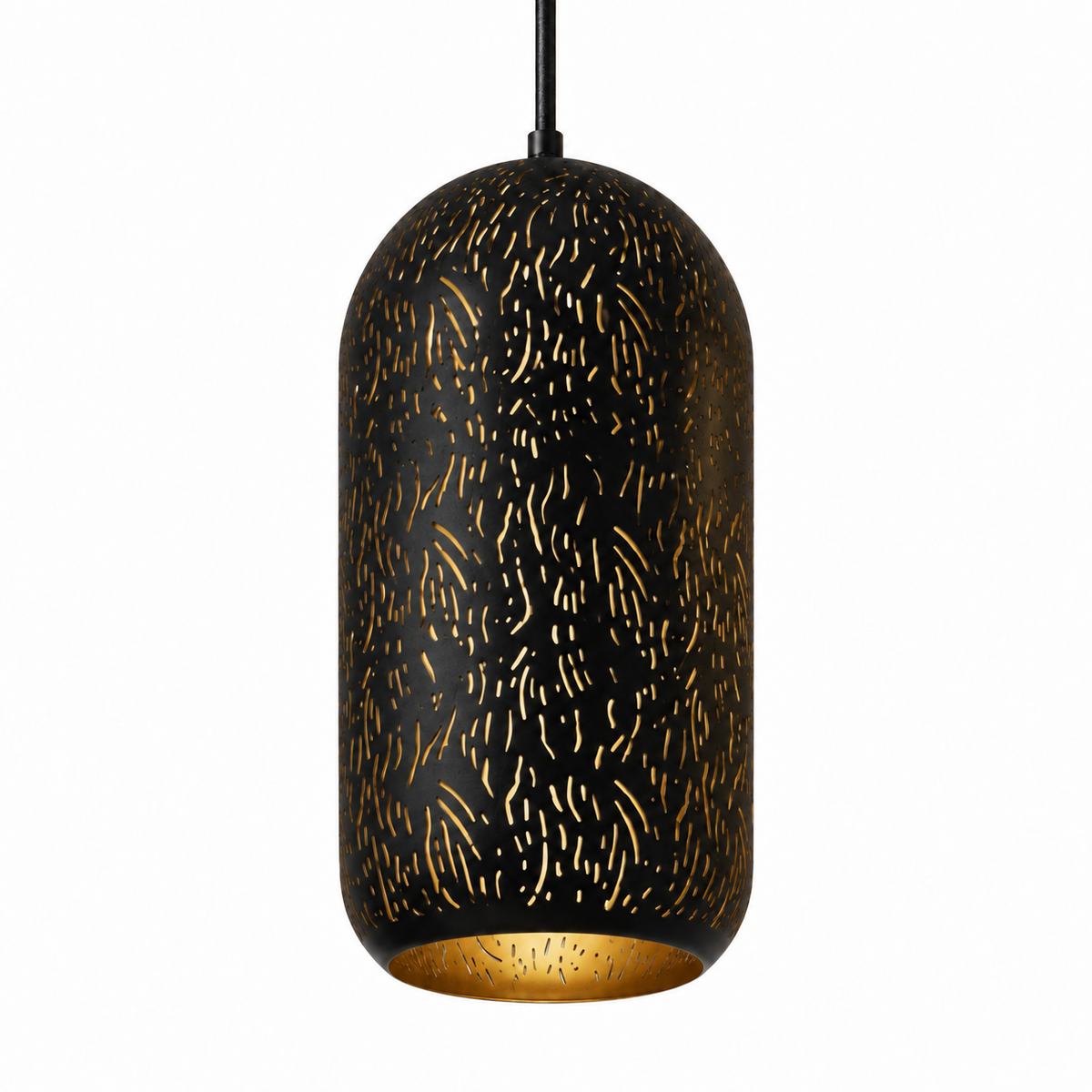 Black & Gold Slit-Cut Iron Capsule Pendant, unlit studio view