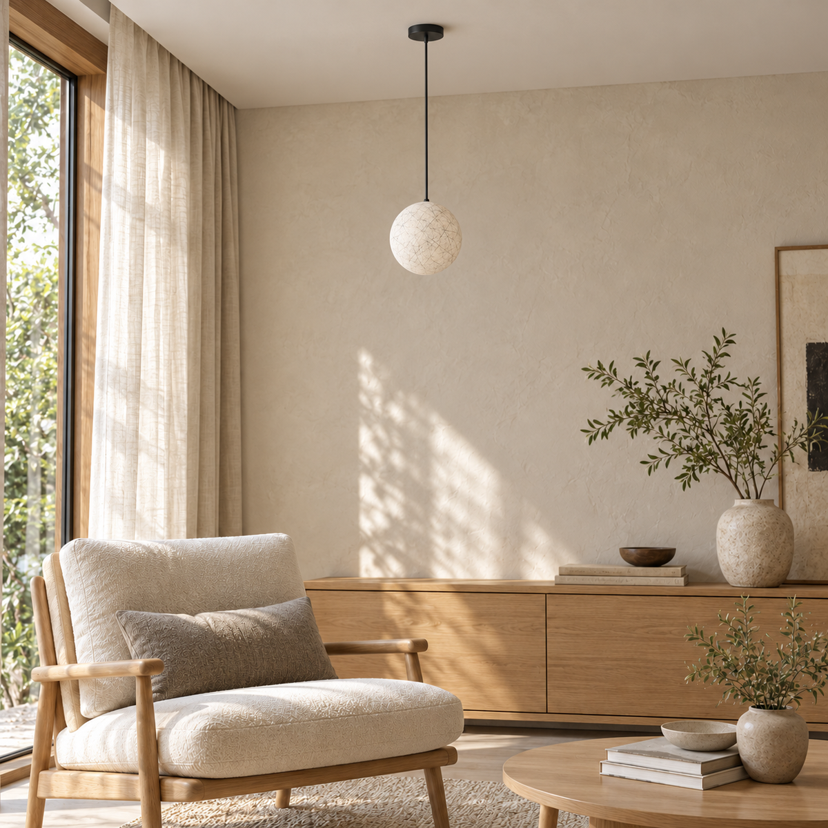 Black-Line Fibre Globe Pendant, unlit in a daytime interior