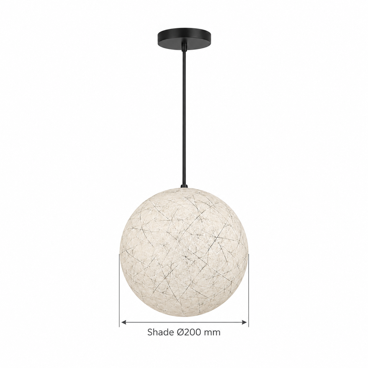 Black-Line Fibre Globe Pendant, dimension diagram; Selected shade diameter only: 200 mm. Height and suspension drop are not specified.