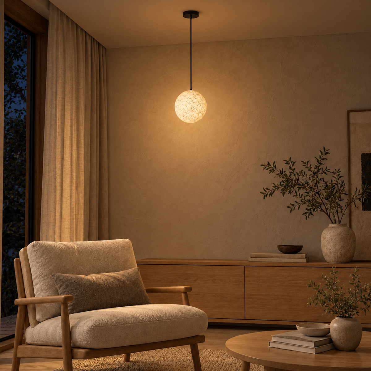 Black-Line Fibre Globe Pendant, illuminated in a nighttime interior