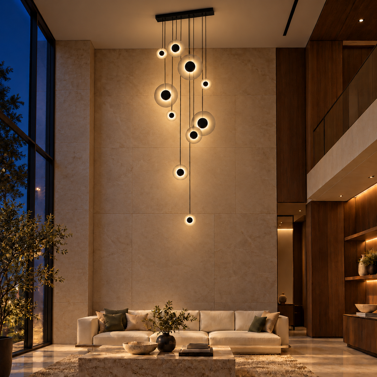 Black Ten-Disc Cascade Chandelier, illuminated in a nighttime interior