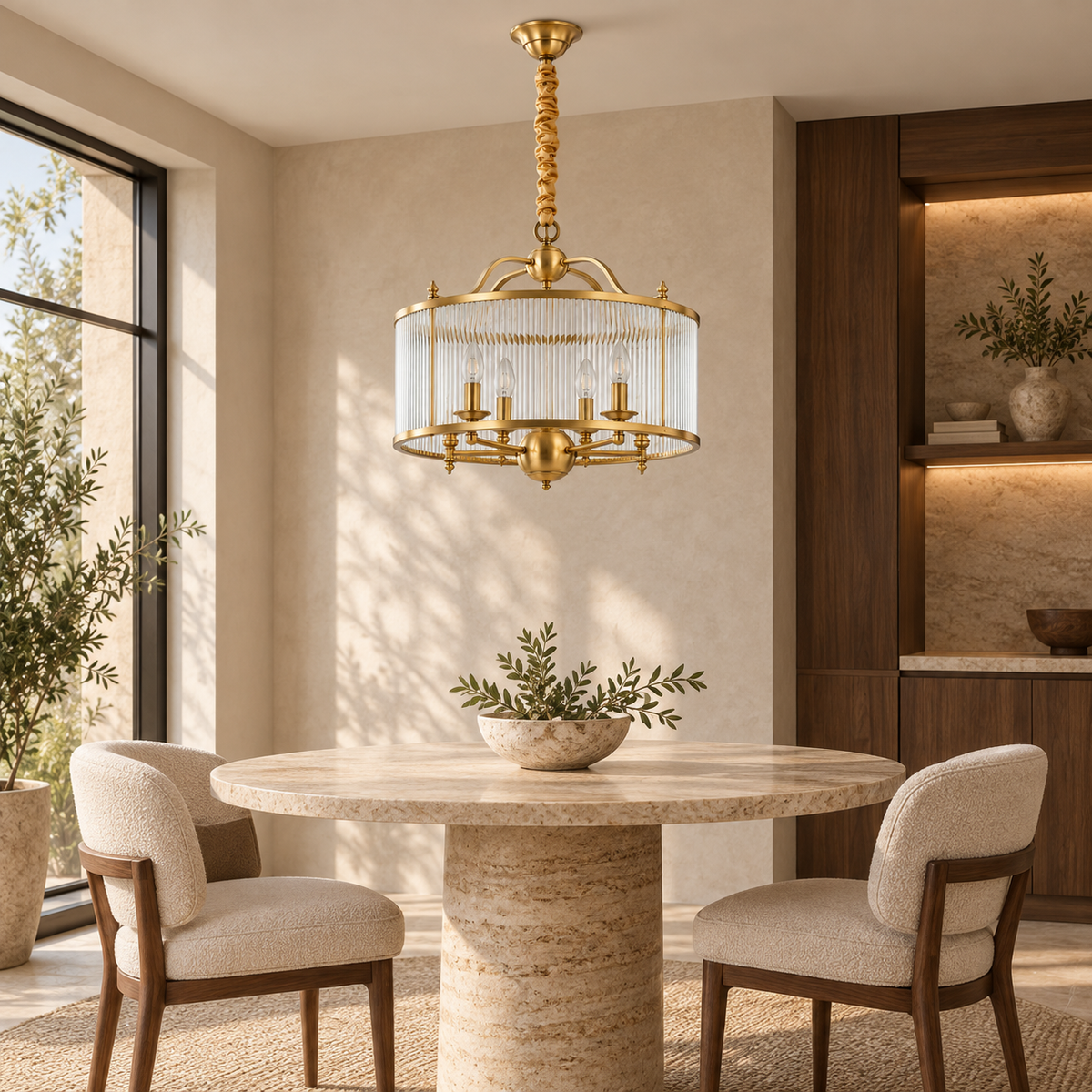 Brass & Clear Ribbed Glass Four-Light Drum Pendant, unlit in a daytime interior