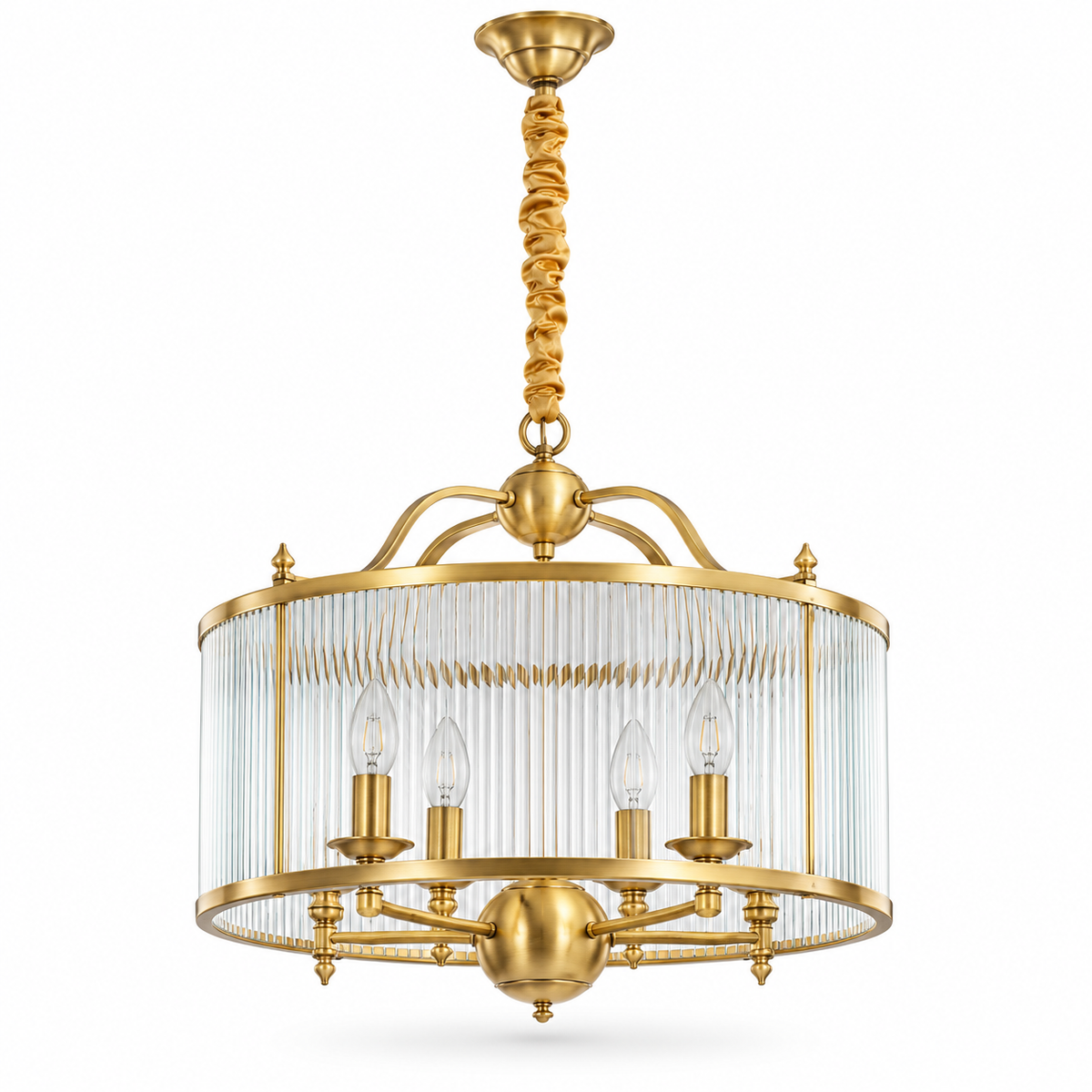 Brass & Clear Ribbed Glass Four-Light Drum Pendant, unlit studio view