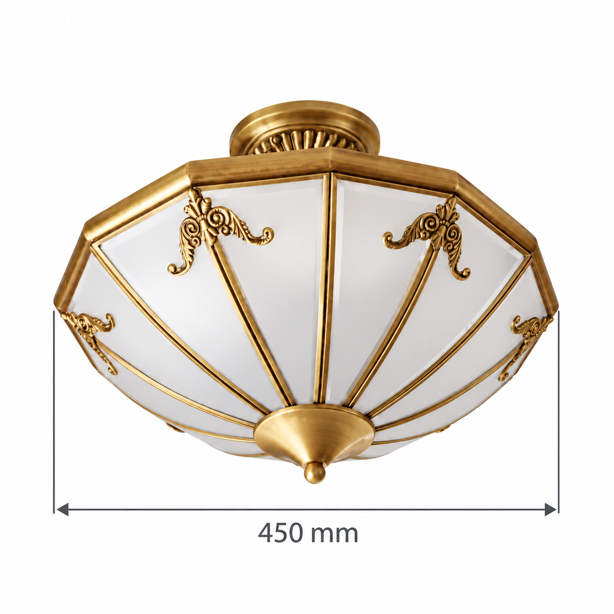 Faceted frosted glass and brass ceiling light, confirmed 450 mm diameter diagram