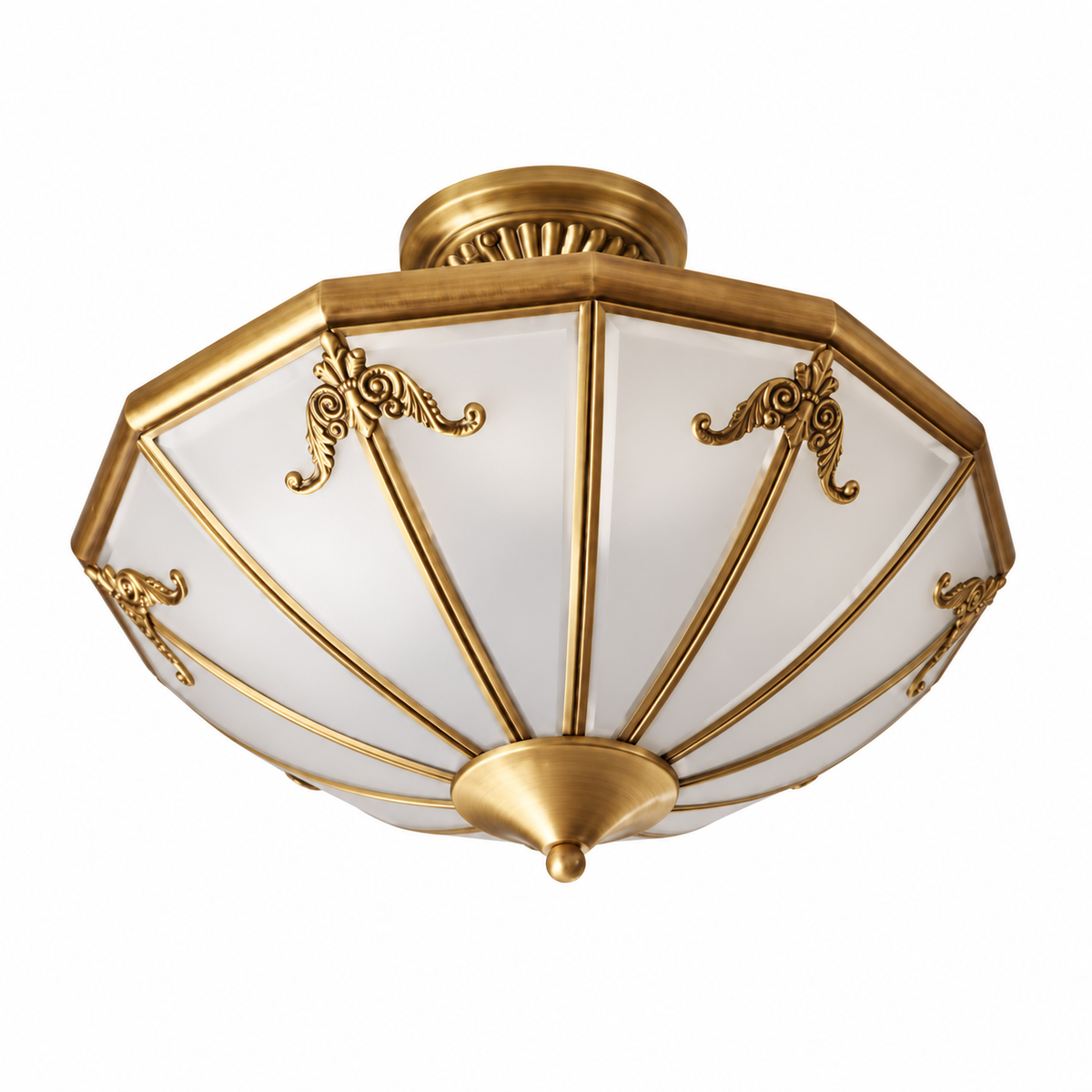 Faceted frosted glass ceiling light with decorative brass frame, studio view