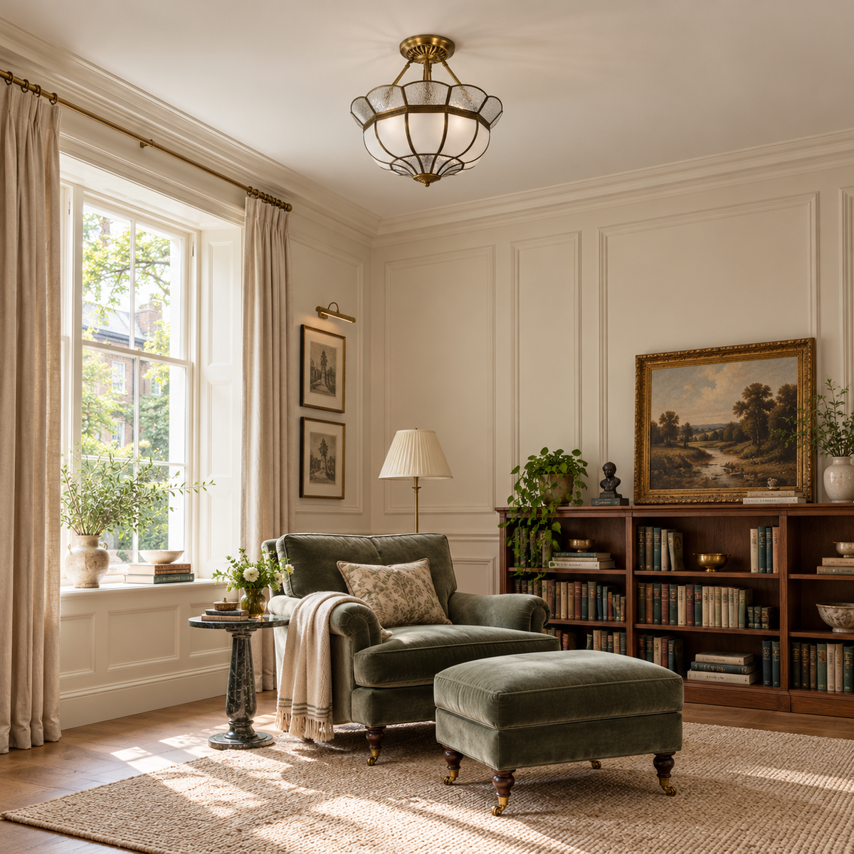 Brass and frosted glass bowl ceiling light in a daylight interior, unlit