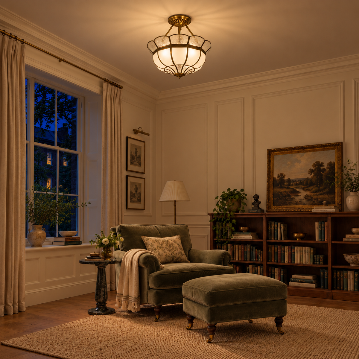 Brass and frosted glass bowl ceiling light illuminated in an evening interior