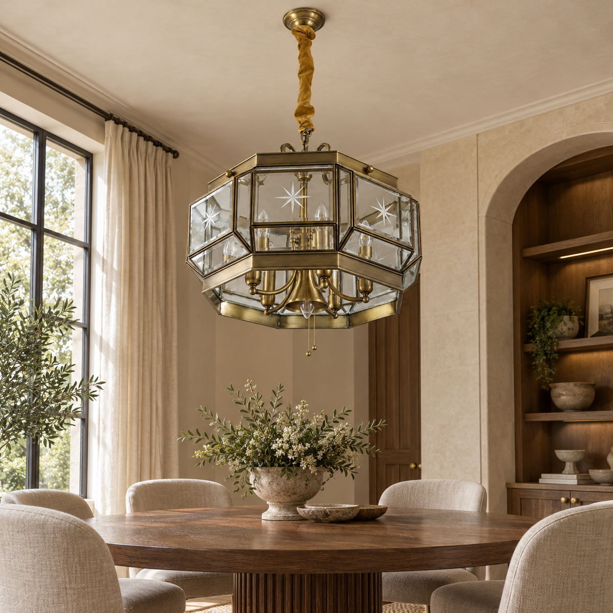 Brass Geometric Lantern Pendant, unlit in a daytime interior