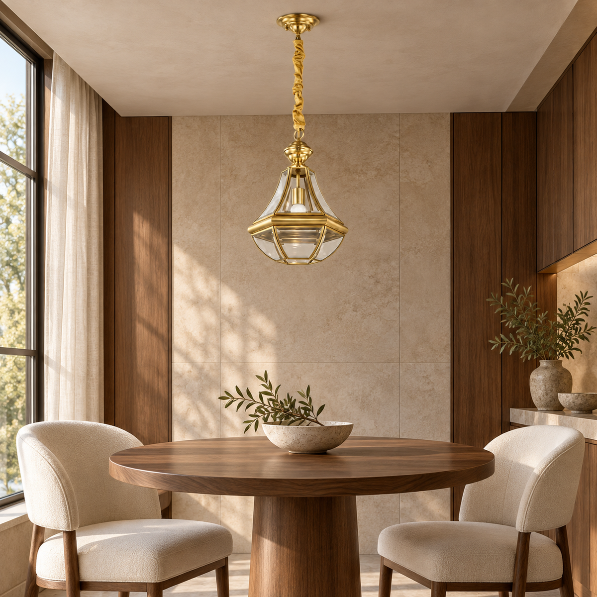 Brass Sculpted Lantern Pendant, unlit in a daytime interior