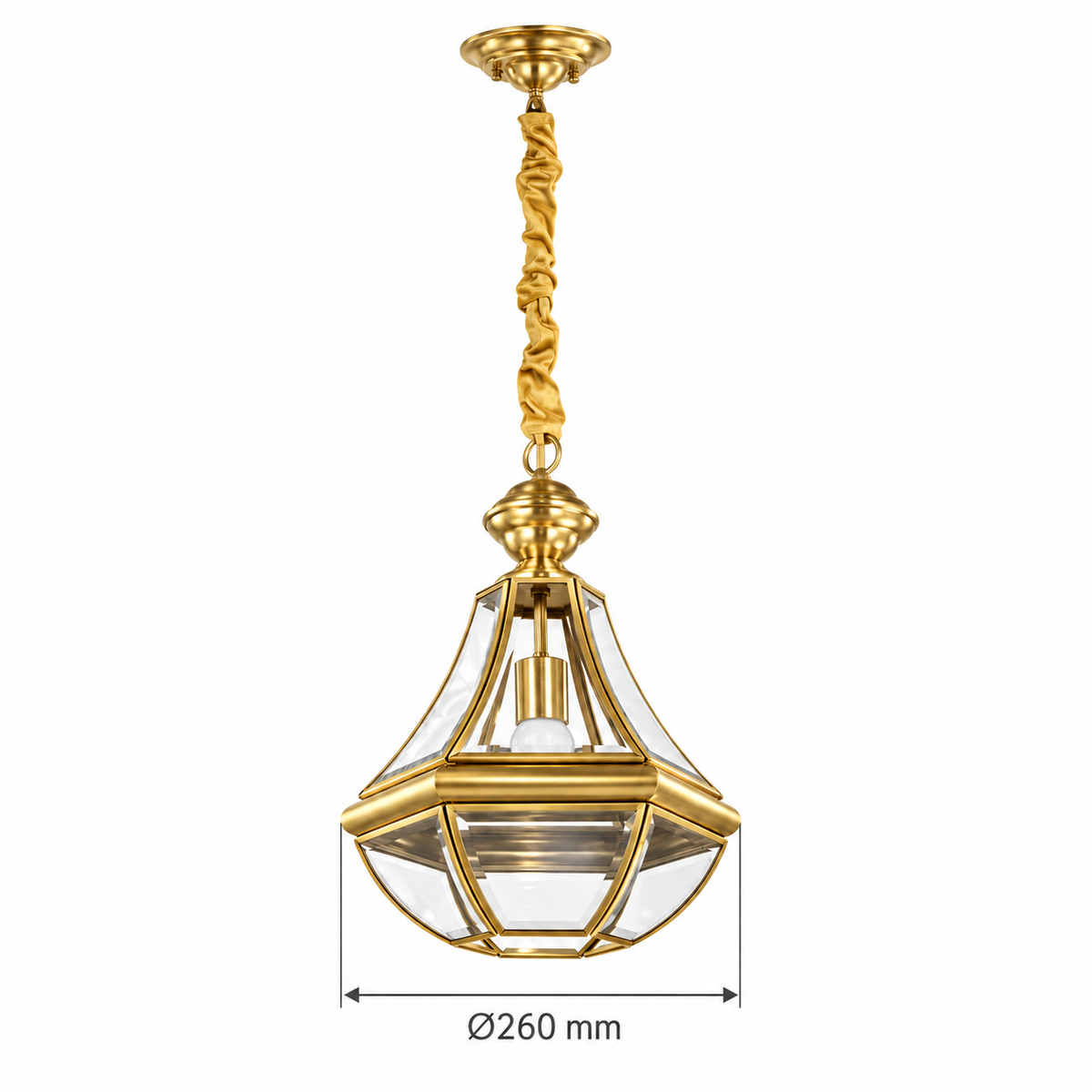 Brass Sculpted Lantern Pendant, dimension diagram showing widest rim diameter 260 mm