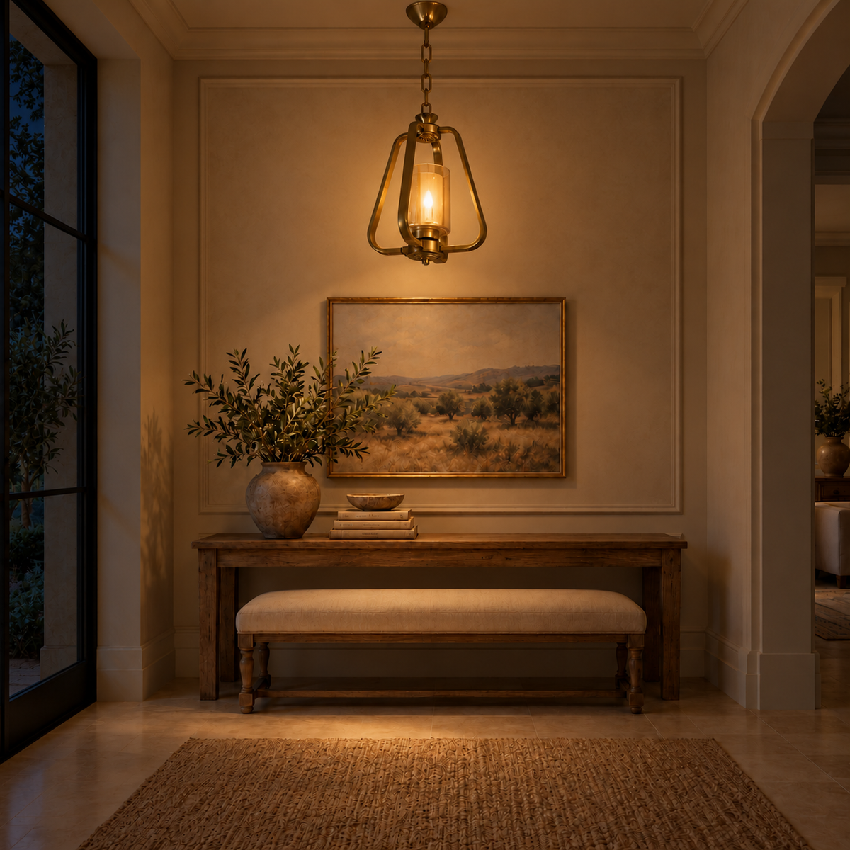 Brinley Amber Cylinder Lantern Pendant – evening interior, light on