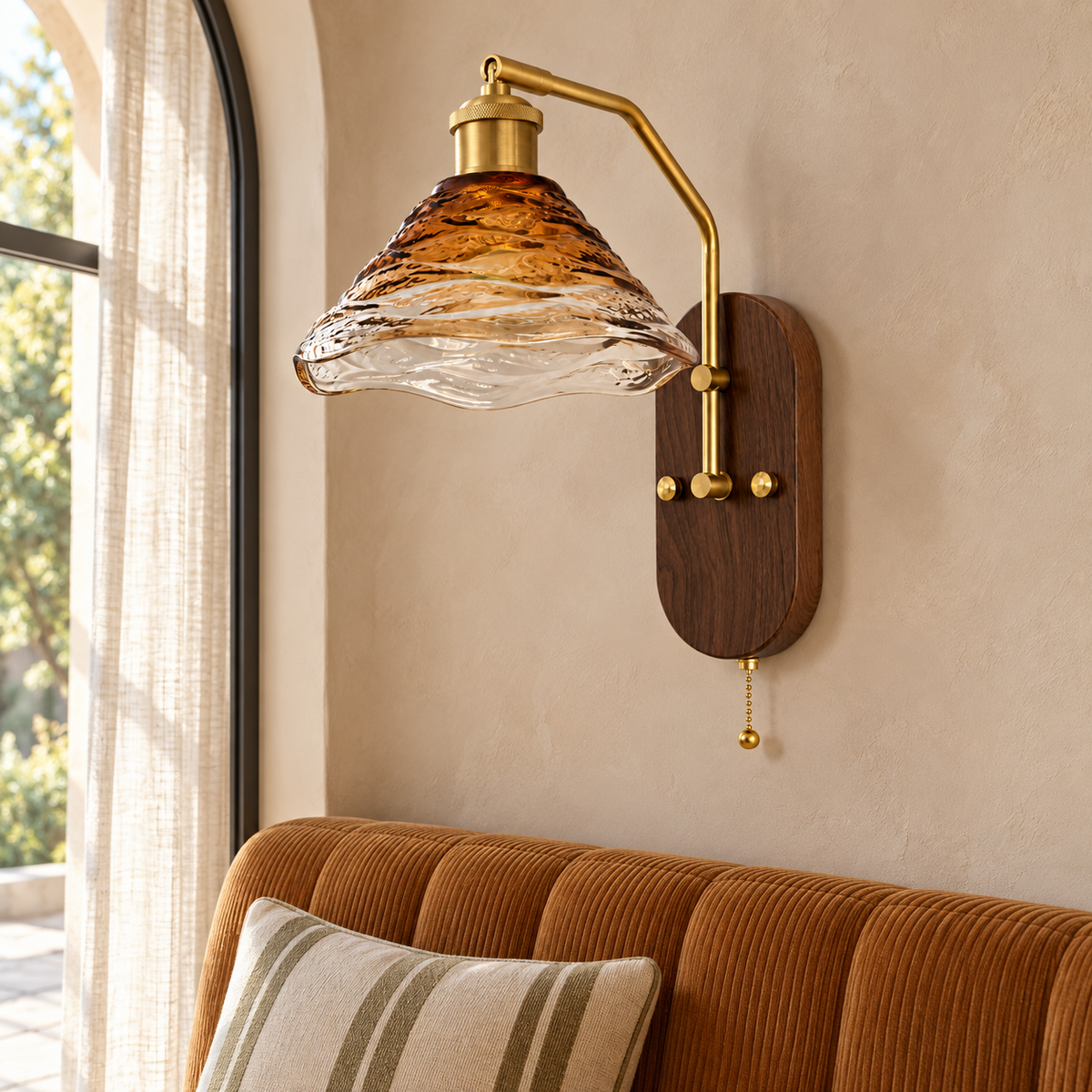 C3703 amber and clear glass wood wall light installed in a warm daytime interior