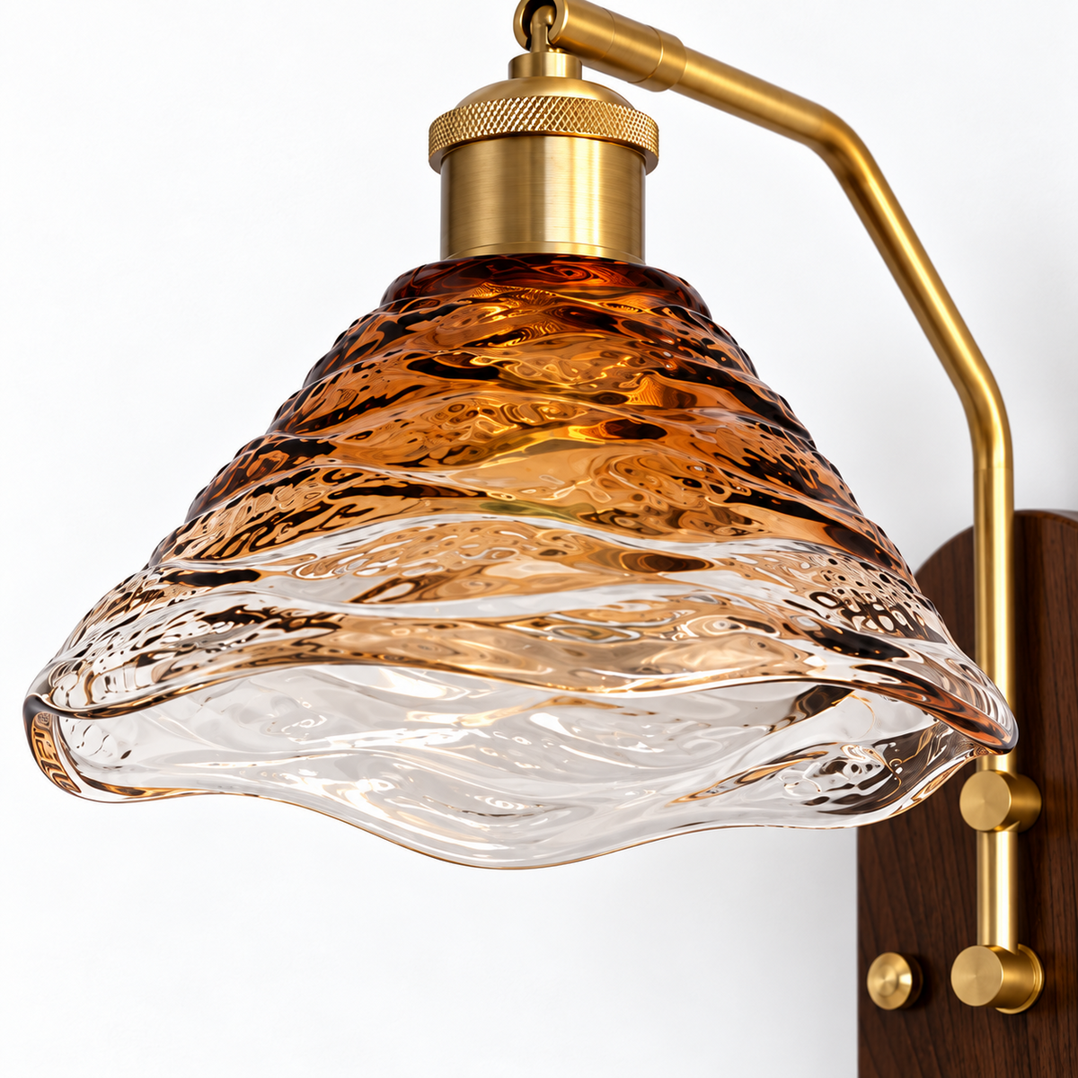 Close-up of C3703 amber and clear ripple glass shade with GAB finish metalwork