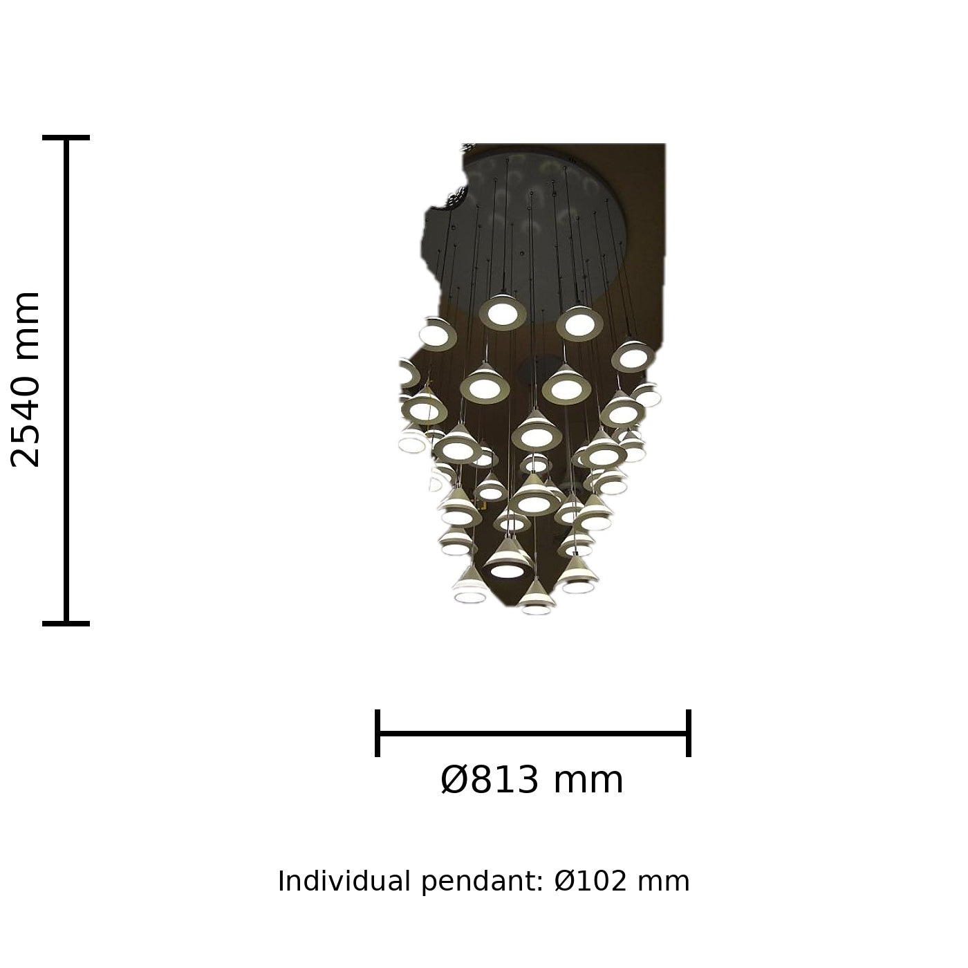 Cascade Disc Staircase Chandelier 41 Light dimension image, Ø813 mm x H2540 mm, pendant Ø102 mm