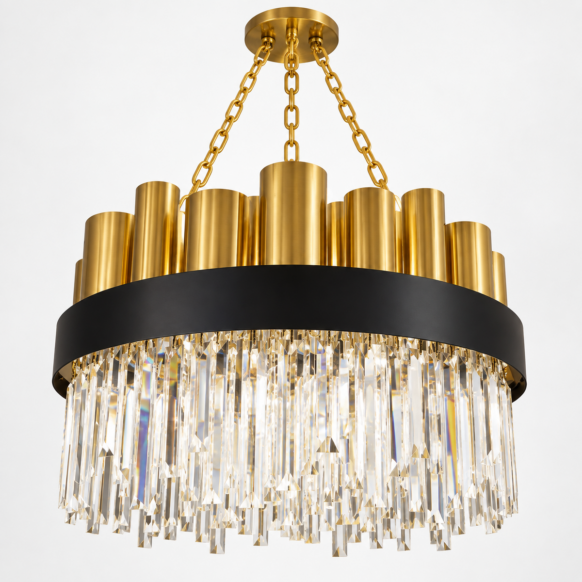 AURELIS black and gold crystal chandelier on a clean white background