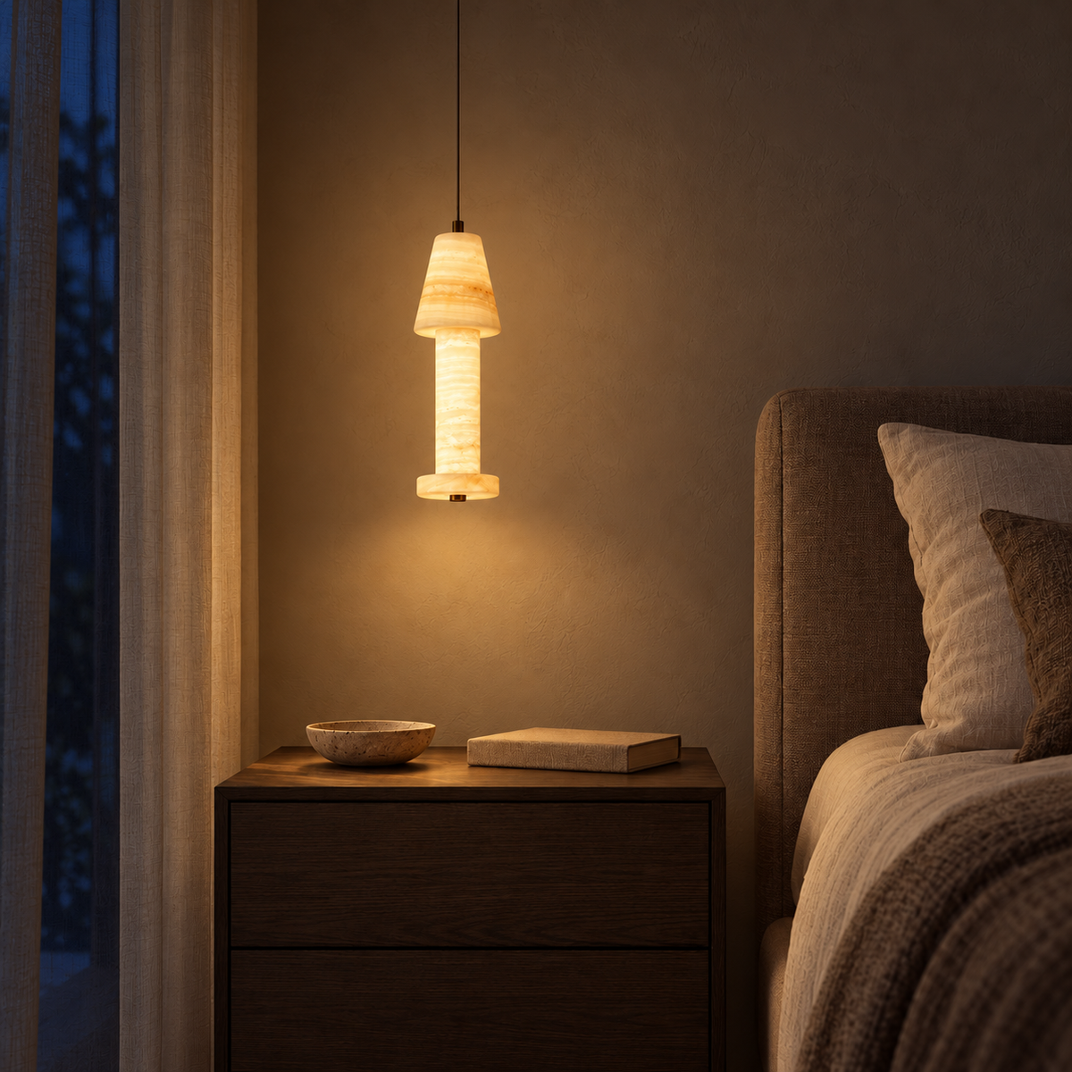 Calma Single Stone Pendant Light – evening interior, light on
