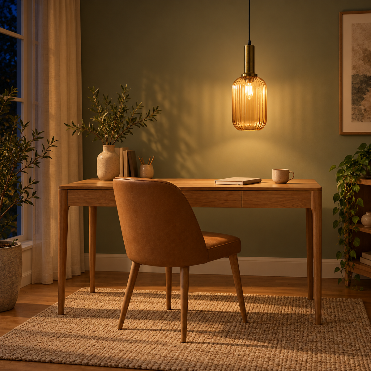 Canelle Fluted Amber Glass Pendant – evening interior, light on