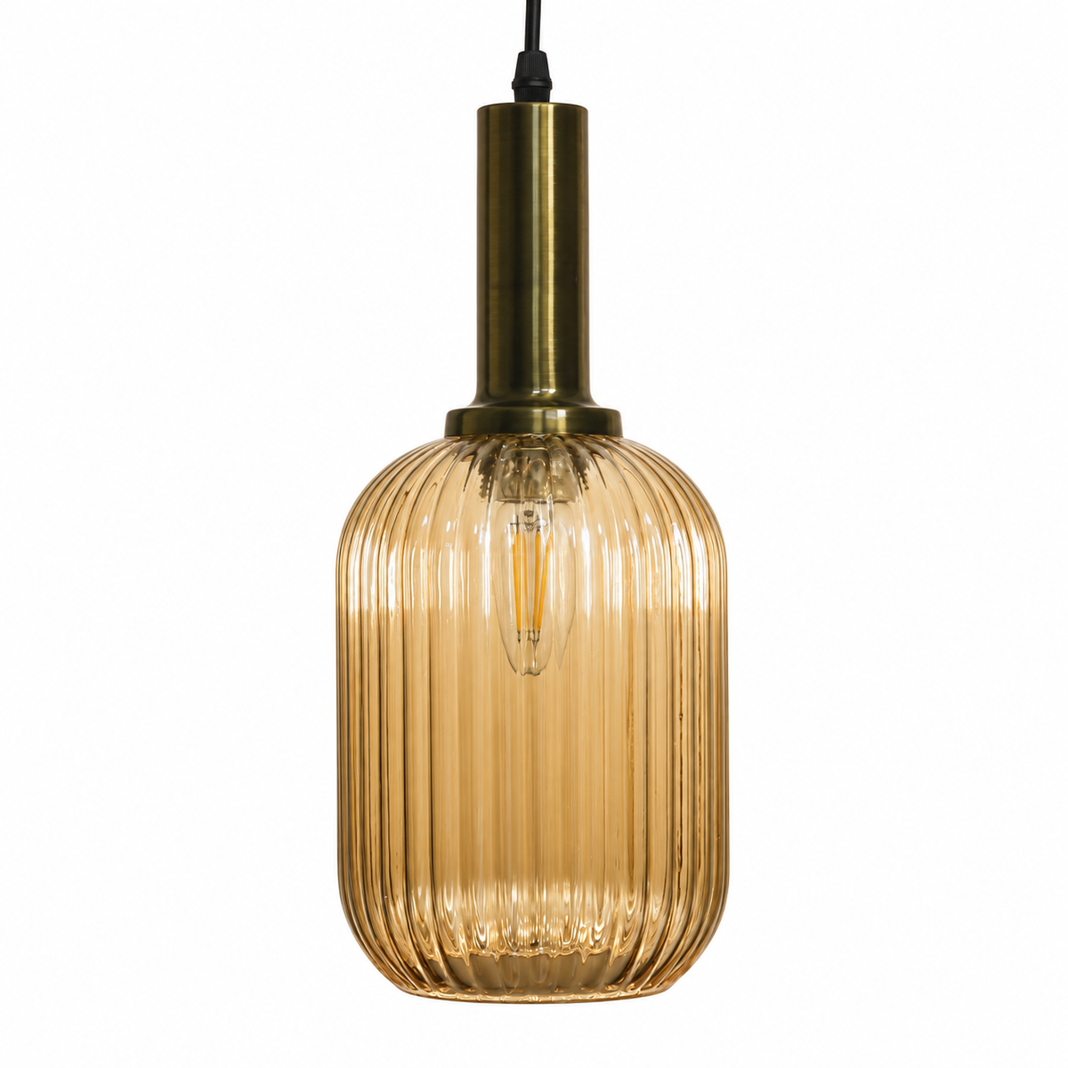 Canelle Fluted Amber Glass Pendant – studio view on white