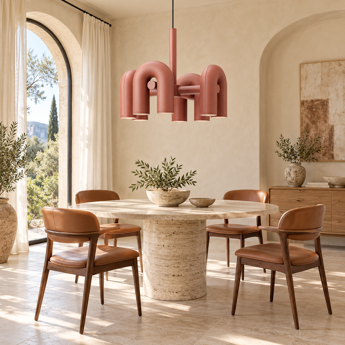 Carmelle Terracotta Four-Module Tubular Chandelier – daylight interior, light off