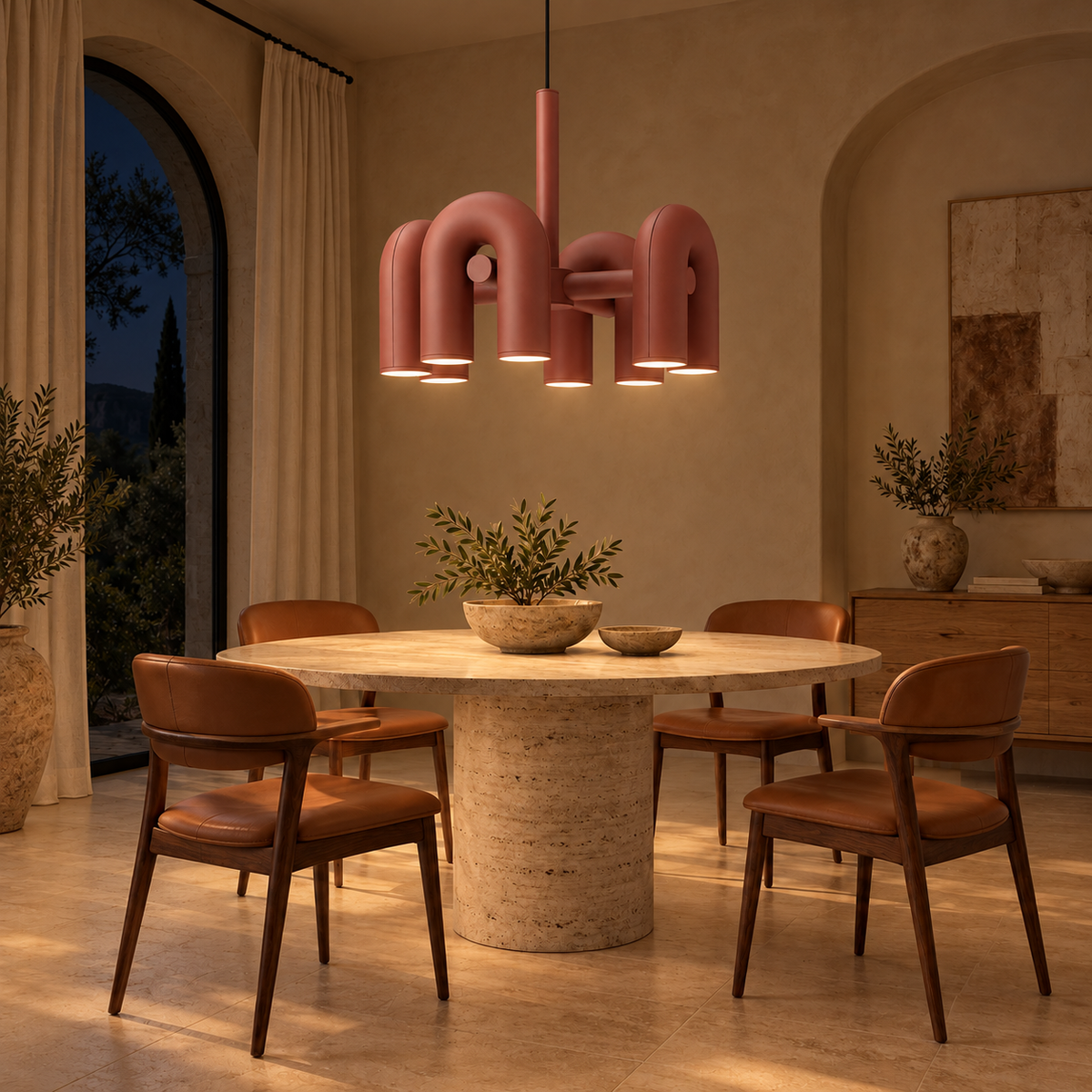 Carmelle Terracotta Four-Module Tubular Chandelier – evening interior, light on
