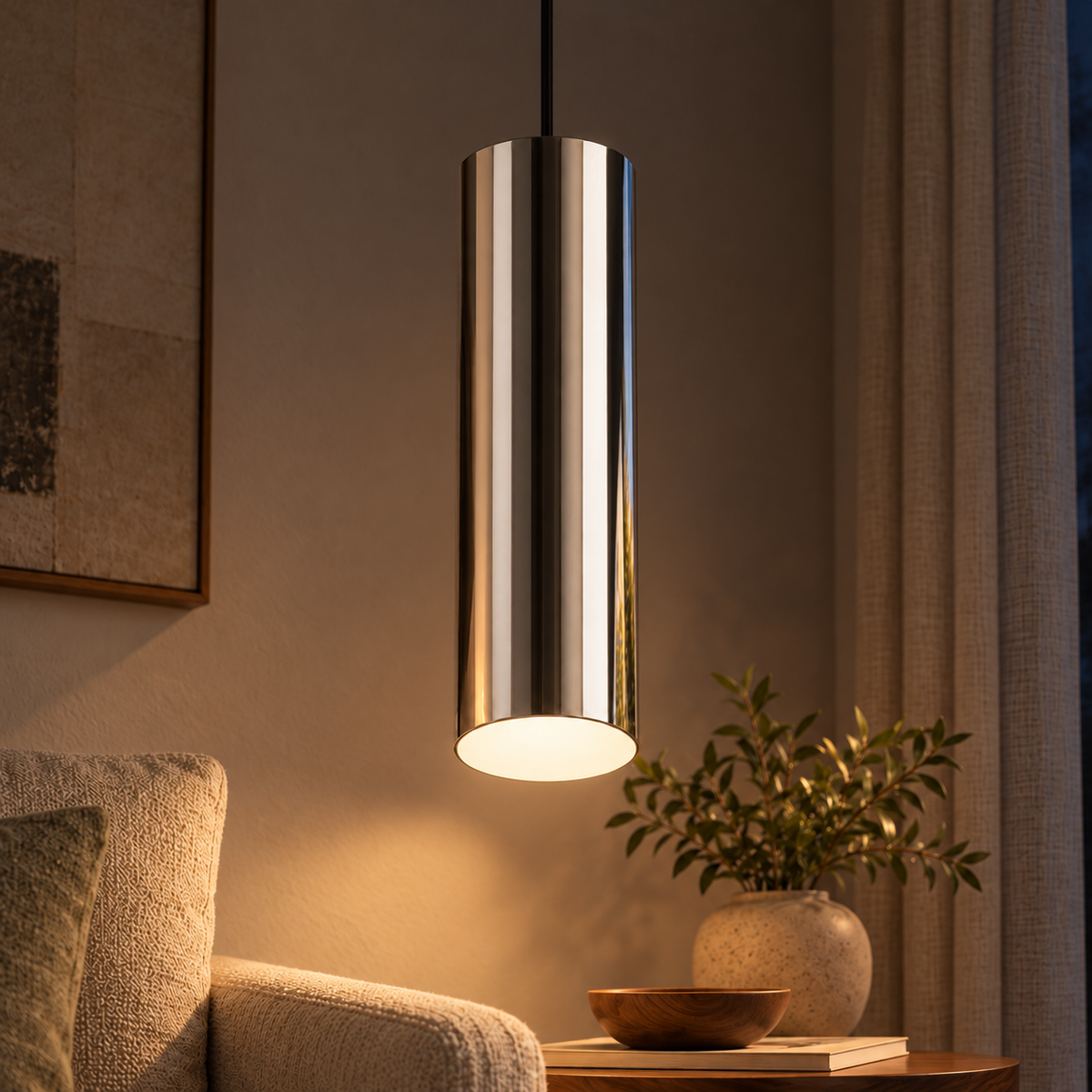 Cilindro Aluminium Pendant Light, evening interior, light on