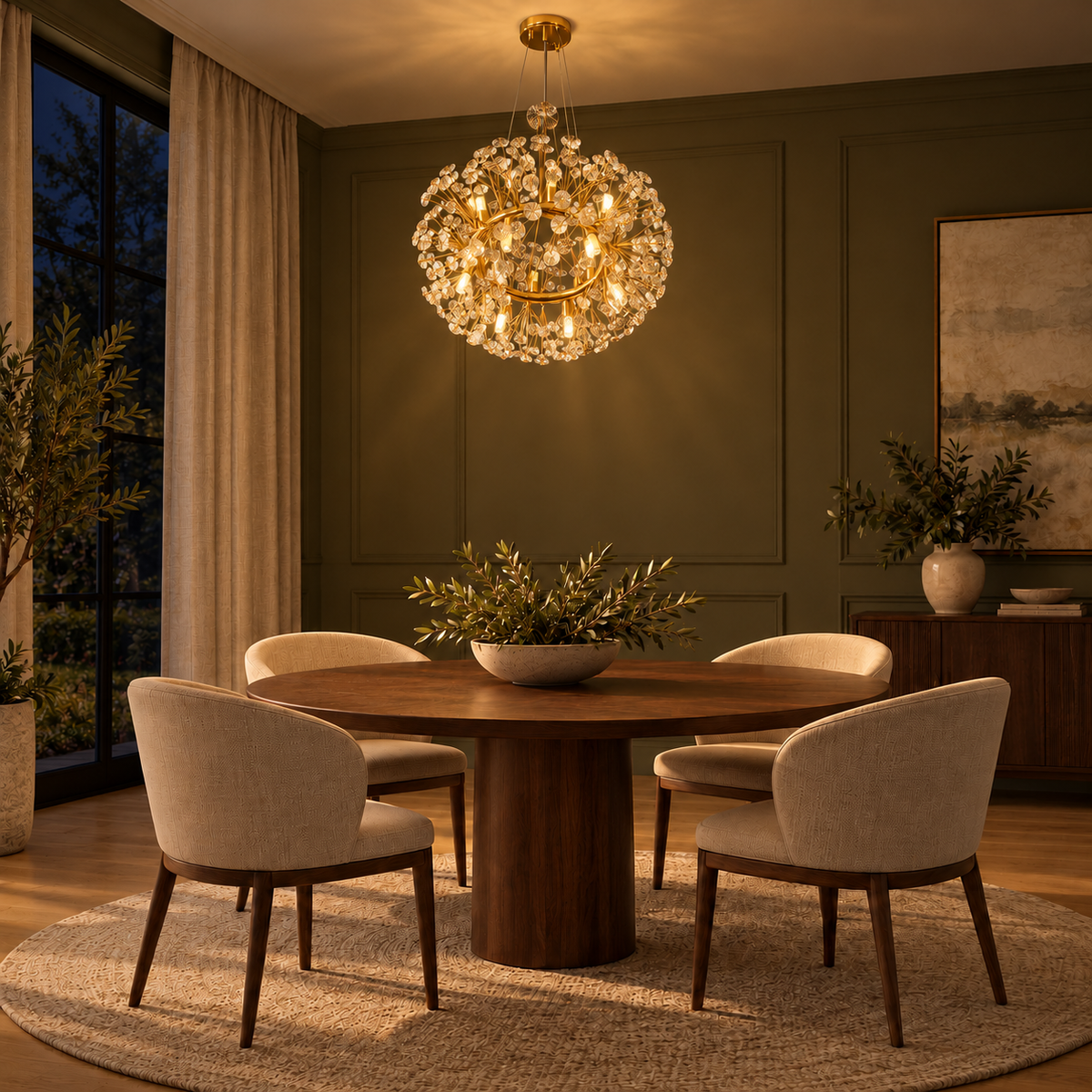 Cirelle Amber and Clear Crystal Wreath Chandelier – evening interior, light on