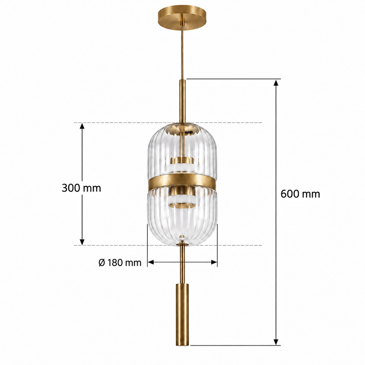 Clear Fluted Glass Spindle Pendant, dimension diagram; Metal body including the lower tail: 600 mm high, excluding ceiling suspension. Glass only: diameter 180 mm and height 300 mm.