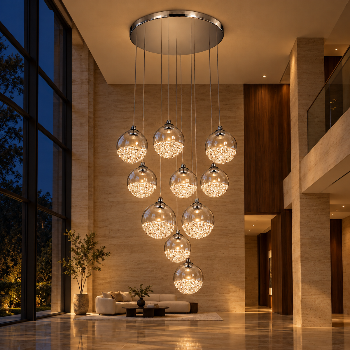 Clear Glass Ten-Globe Cascade Chandelier, illuminated in a nighttime interior