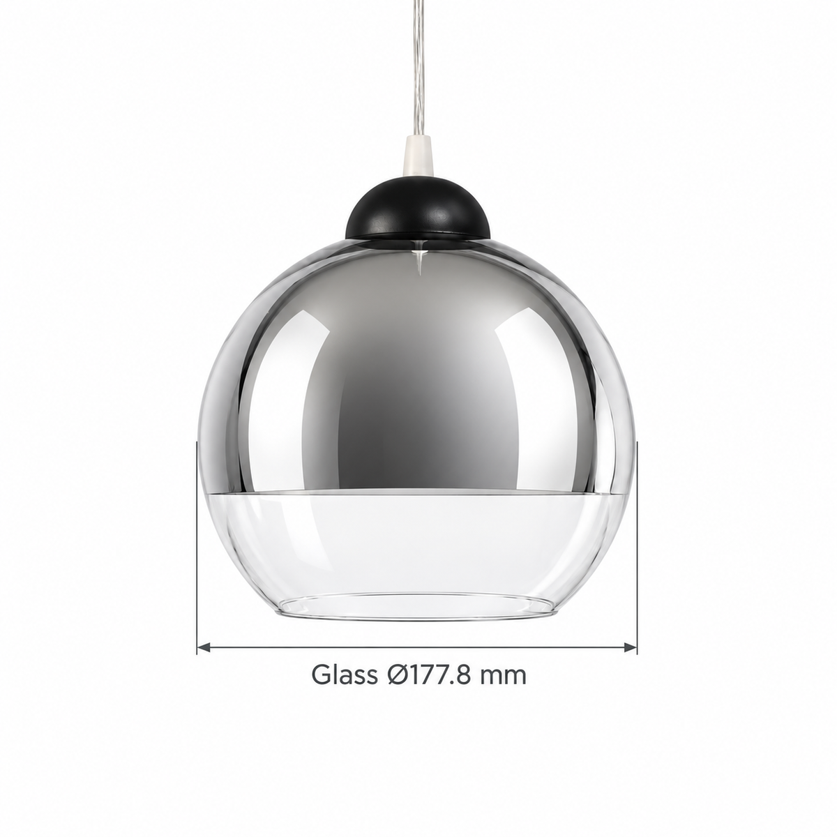 Clear & Silver Glass Globe Pendant, dimension diagram; Glass diameter only: 177.8 mm (7 inches). Height and suspension drop are not specified.