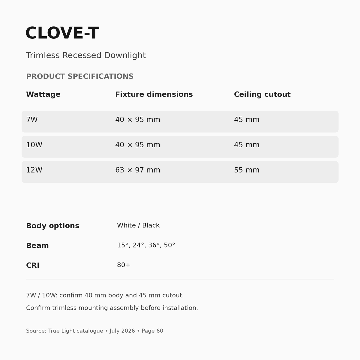 CLOVE-T specifications, wattage, body options and cutout dimensions