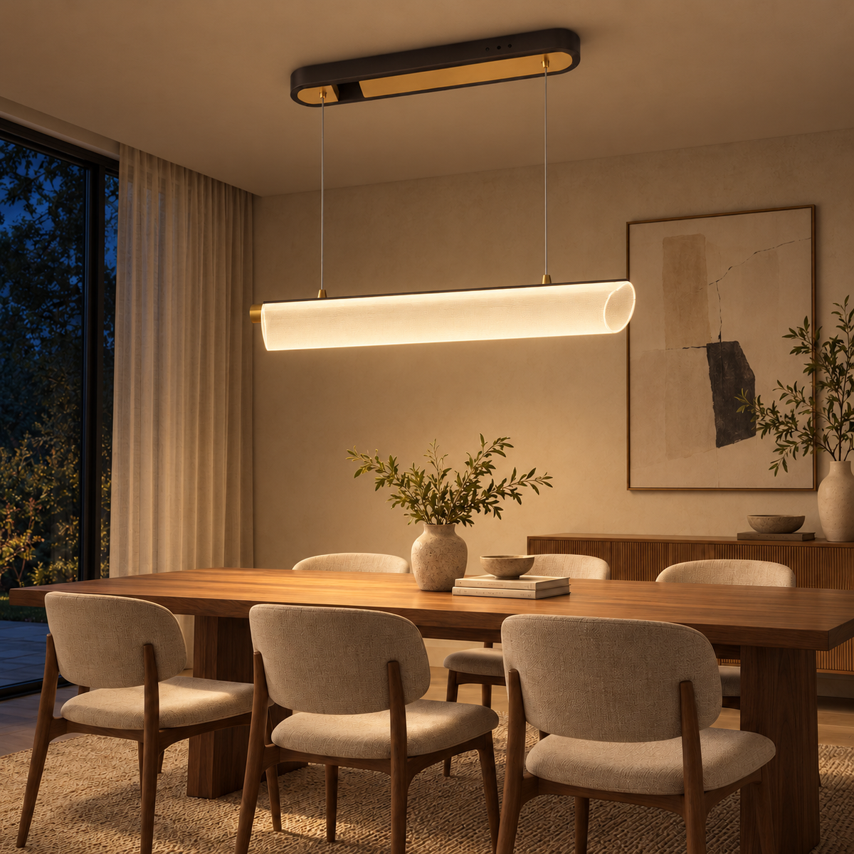 Coffee and Gold Linear Blade Pendant, illuminated in a nighttime interior